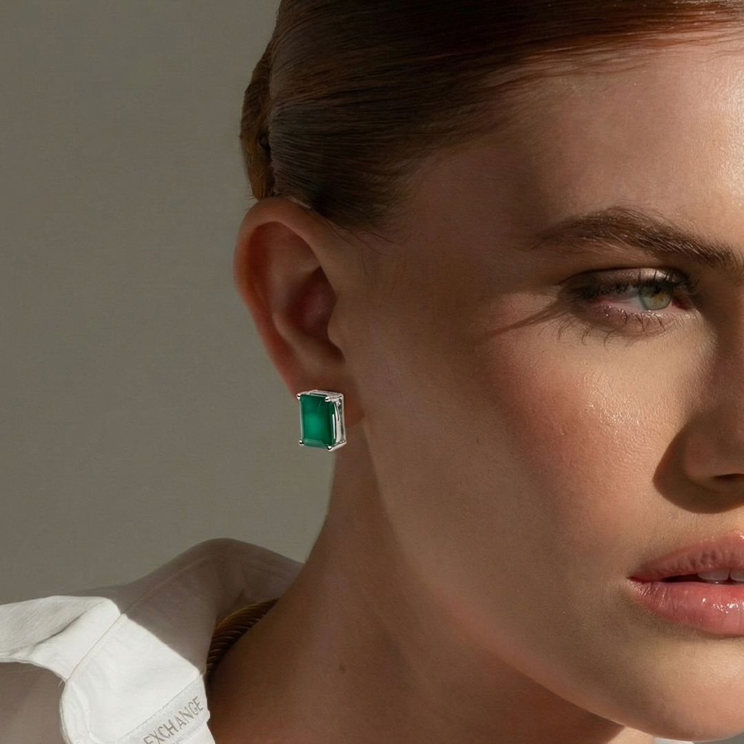 Blisse Allure 925 Sterling Silver Green Onyx Stud Earrings
