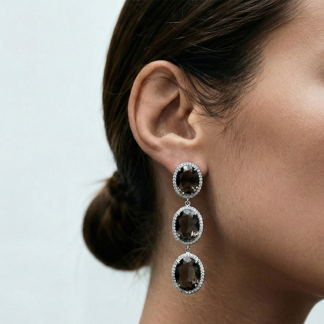 Semi precious Smoky Quartz And White Cz drop earrings