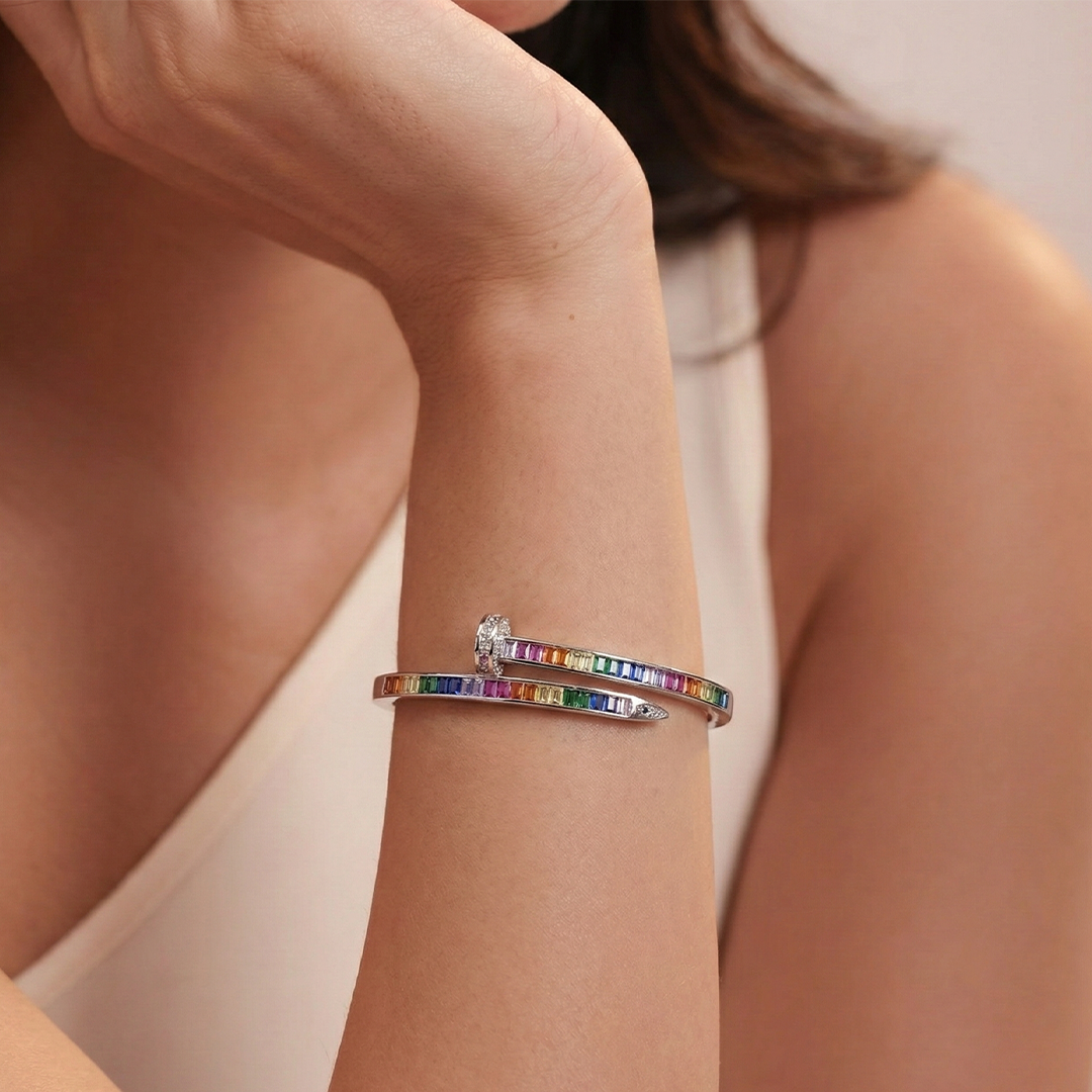 Blisse Allure Sterling Silver Rainbow Overlap Baguette cubic zirconia Bangle