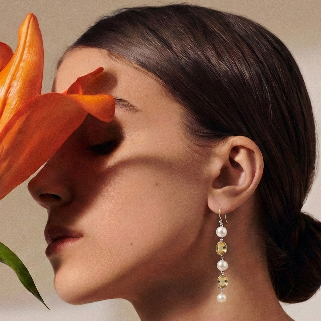 Blisse Allure 925 Sterling Silver Citrine and Pearl Dangler Earrings