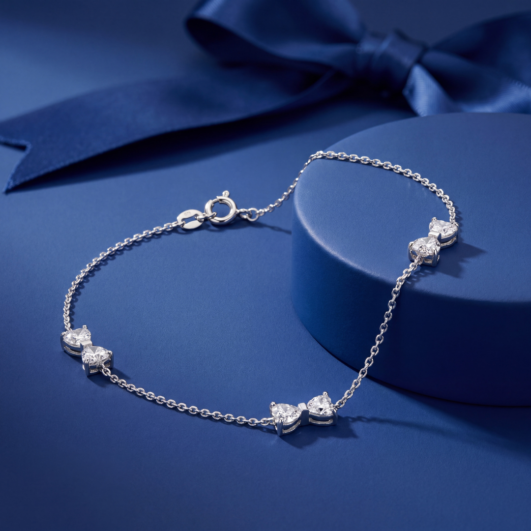 Blisse Allure 925 Sterling Silver Bow Anklet Set | Sparkling Crystal Bow Design