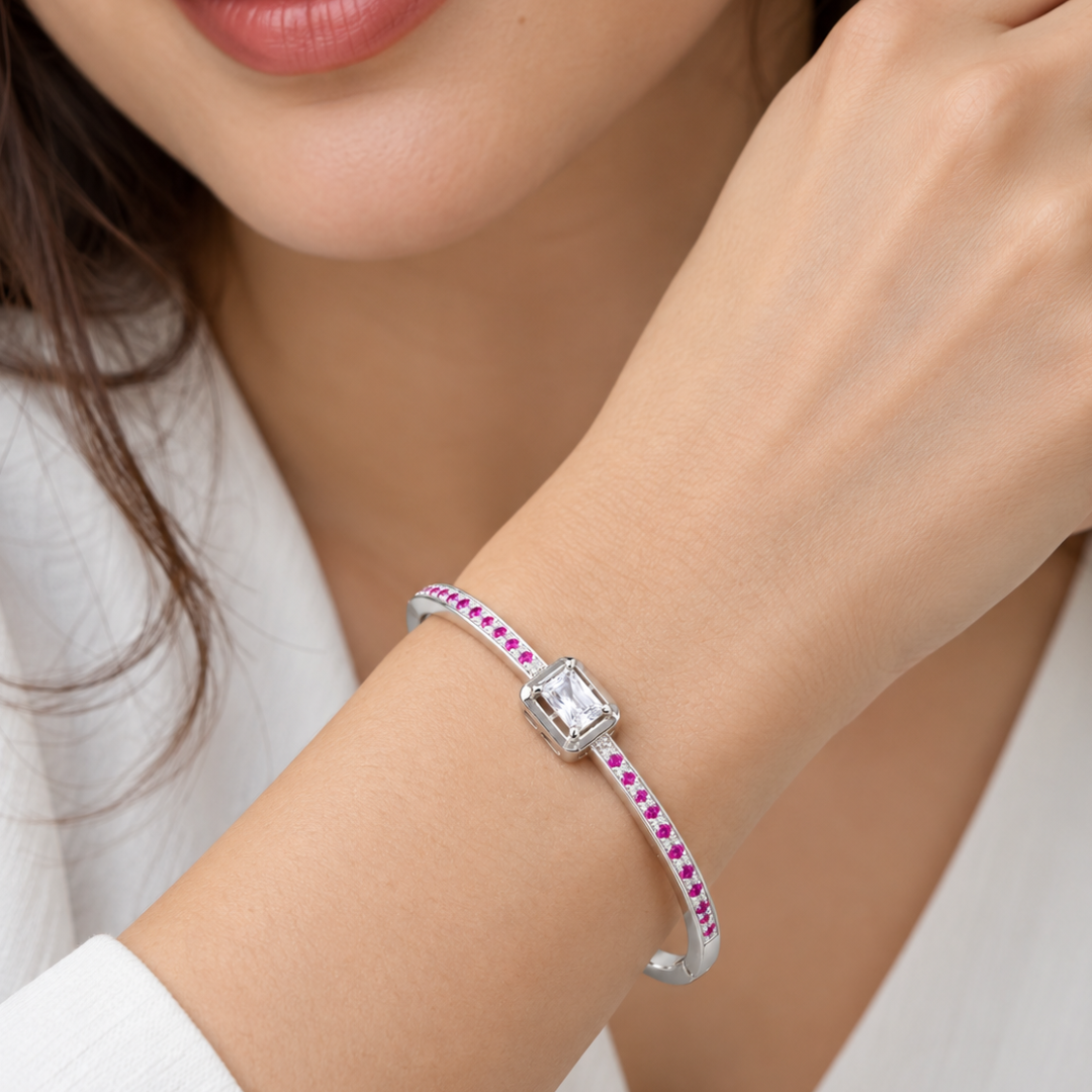 Blisse allure 925 sterling Silver Emerald Cut Solitaire Bracelet with Pink CZ Detailing