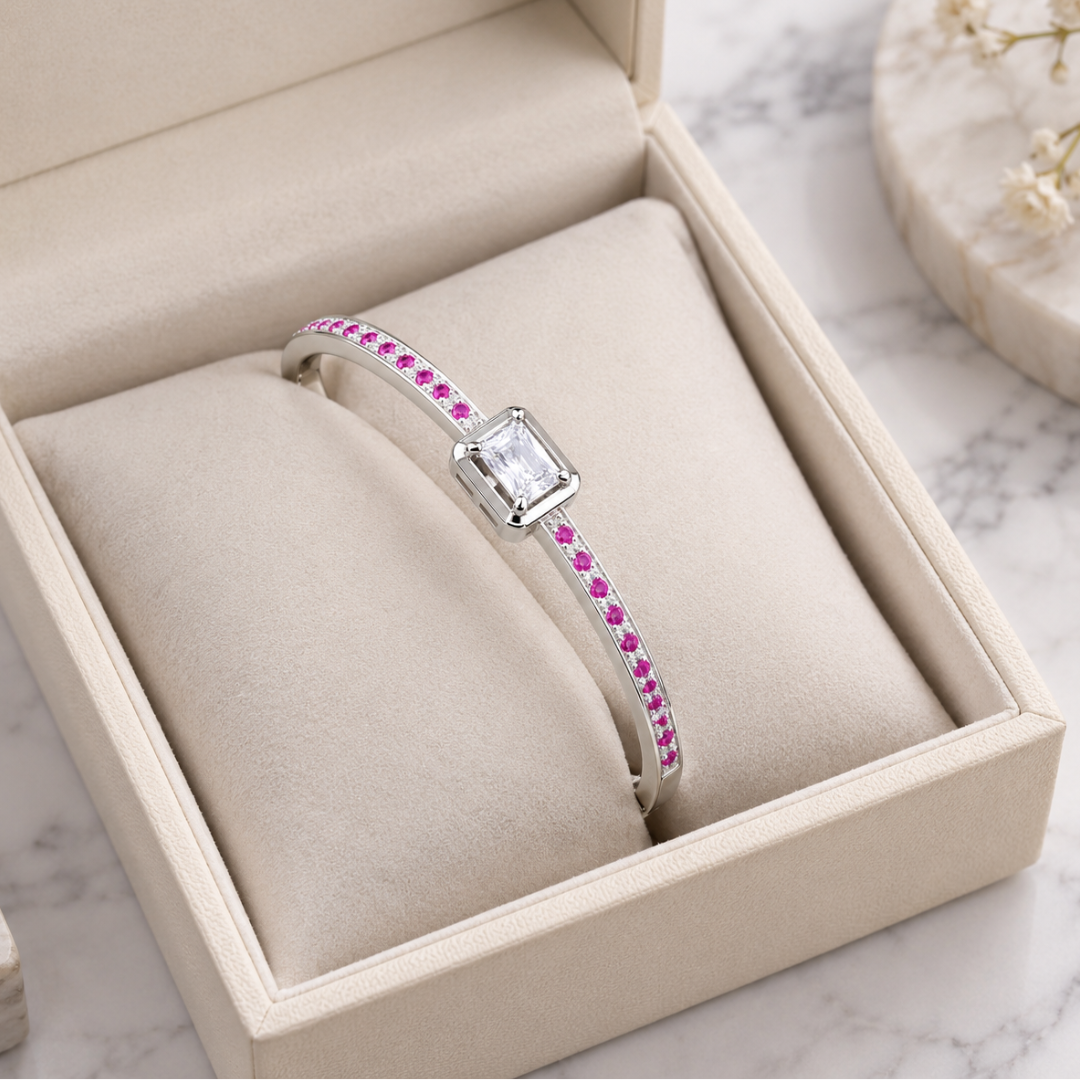 Blisse allure 925 sterling Silver Emerald Cut Solitaire Bracelet with Pink CZ Detailing