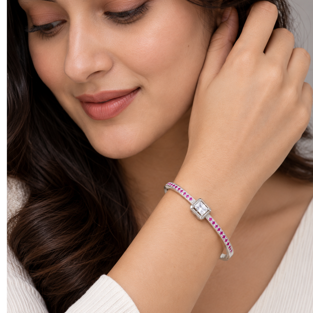 Blisse allure 925 sterling Silver Emerald Cut Solitaire Bracelet with Pink CZ Detailing