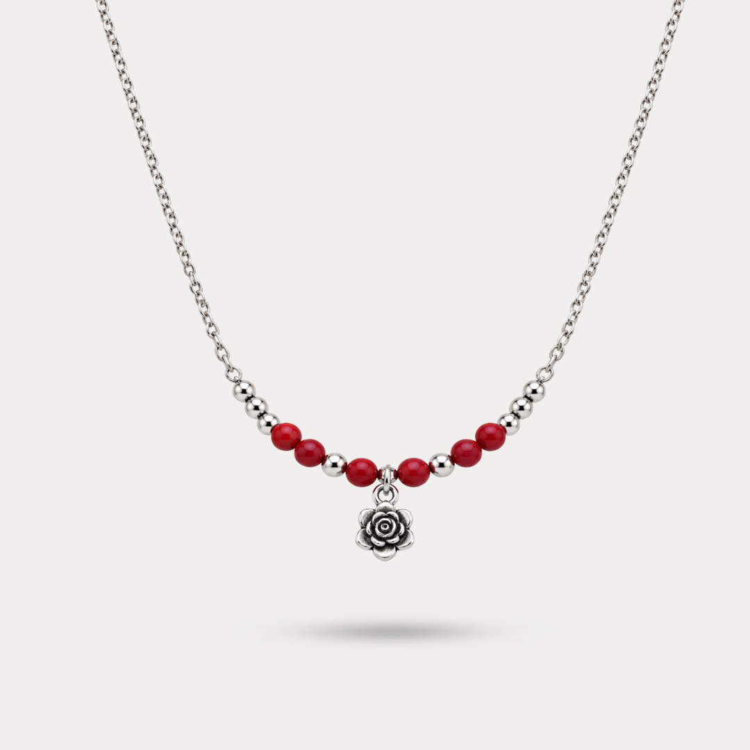 Blisse allure 925 Sterling Silver Sculpted Rose Charm & Red Bead Station Necklace