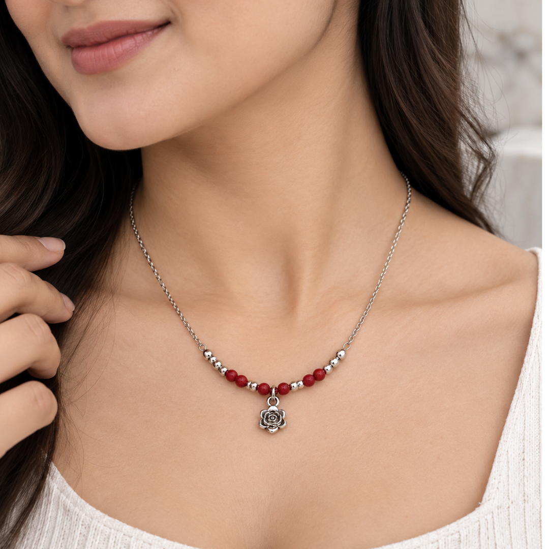 Blisse allure 925 Sterling Silver Sculpted Rose Charm & Red Bead Station Necklace