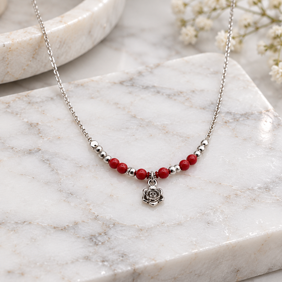 Blisse allure 925 Sterling Silver Sculpted Rose Charm & Red Bead Station Necklace