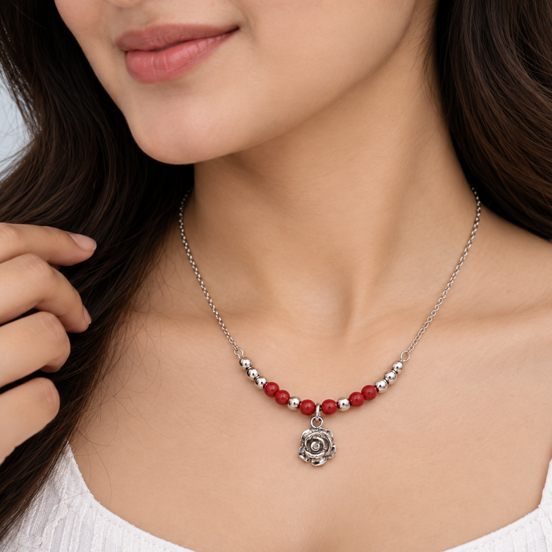 Blisse allure 925 Sterling Silver Sculpted Rose Charm & Red Bead Station Necklace