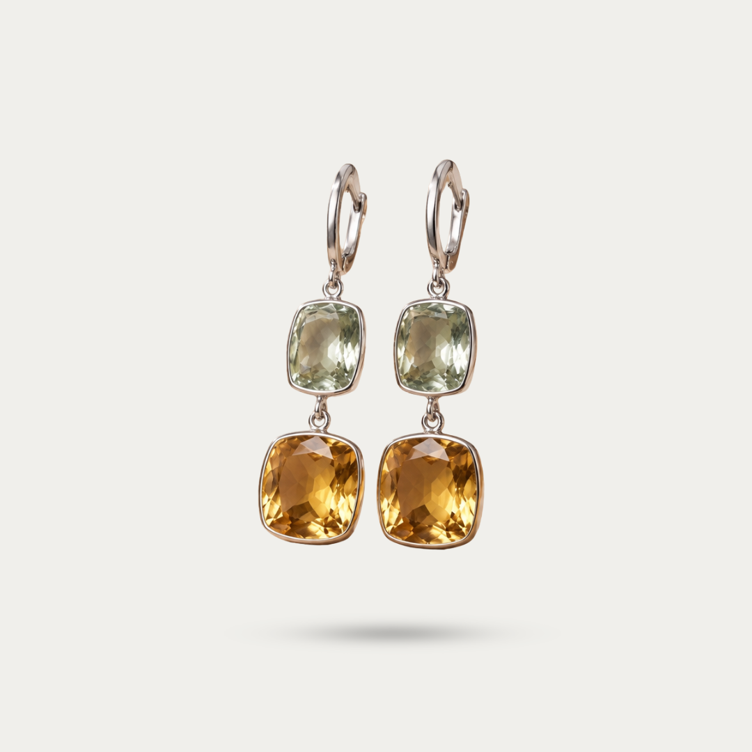 Blisse allure 925 Sterling Silver Citrine & Green Amethyst Two-Stone Drop Earrings