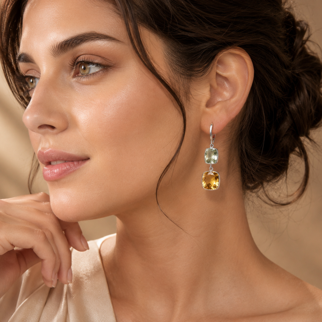 Blisse allure 925 Sterling Silver Citrine & Green Amethyst Two-Stone Drop Earrings