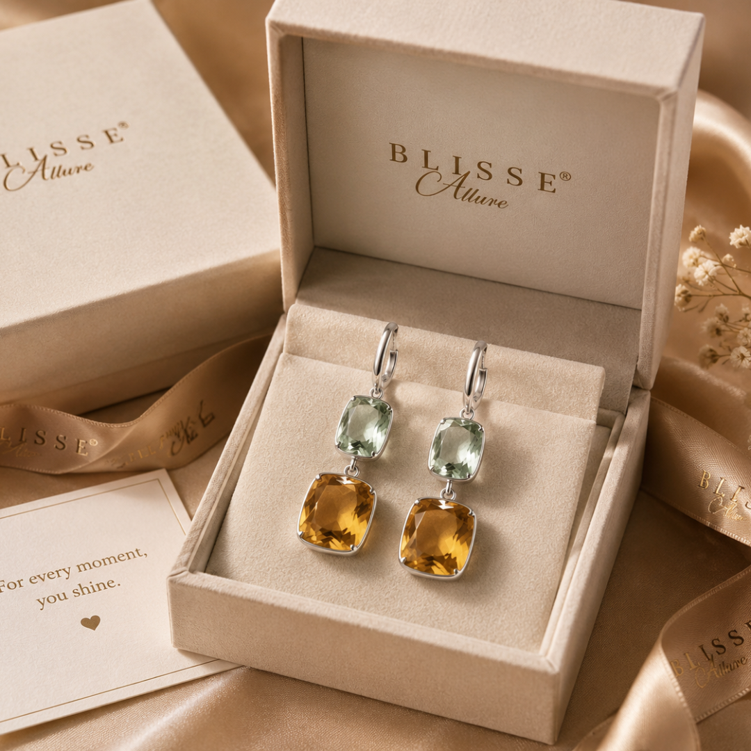 Blisse allure 925 Sterling Silver Citrine & Green Amethyst Two-Stone Drop Earrings