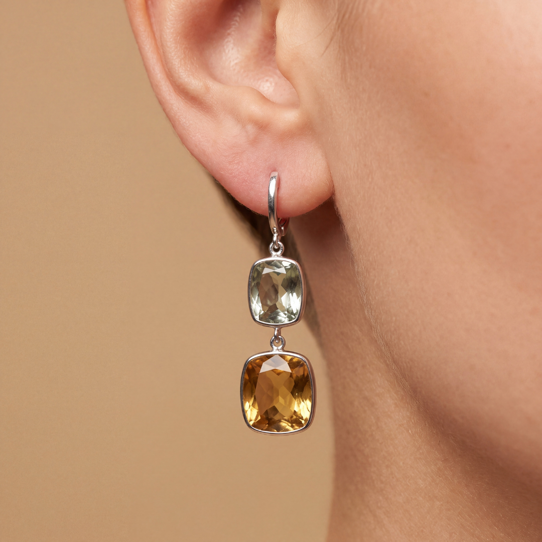 Blisse allure 925 Sterling Silver Citrine & Green Amethyst Two-Stone Drop Earrings