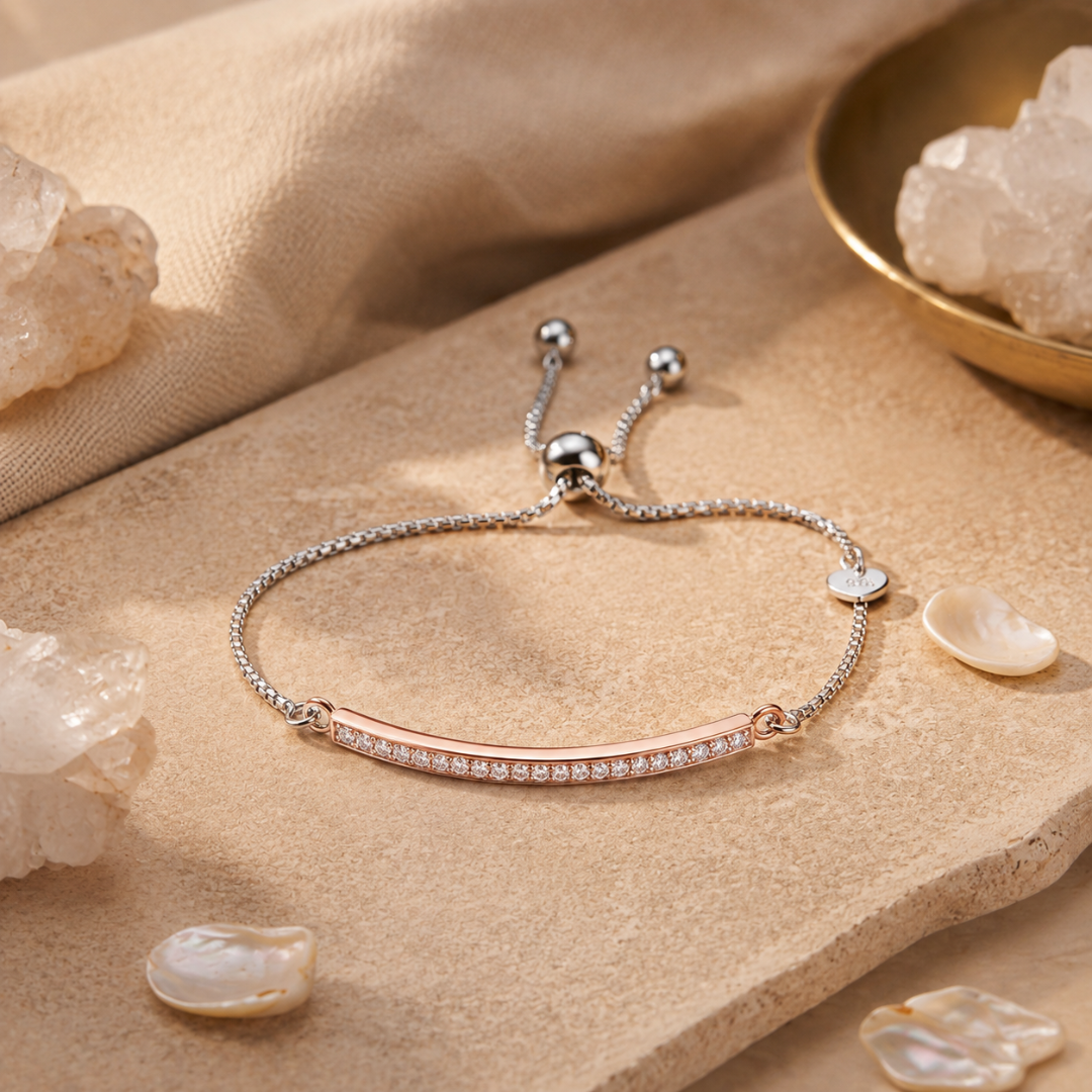 Blisse allure 925 Sterling Silver Rose Gold Curved Bar Adjustable Bracelet