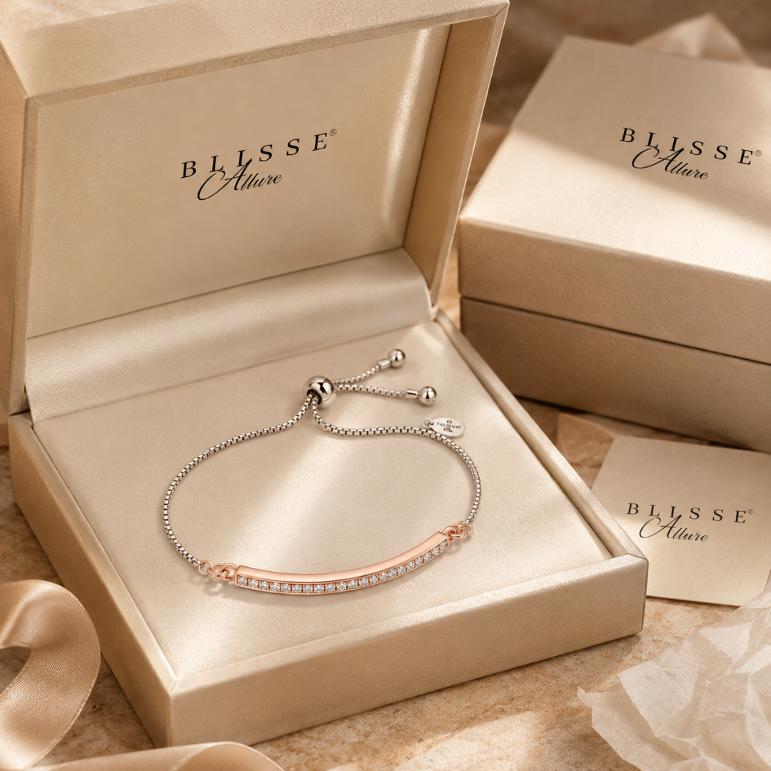 Blisse allure 925 Sterling Silver Rose Gold Curved Bar Adjustable Bracelet