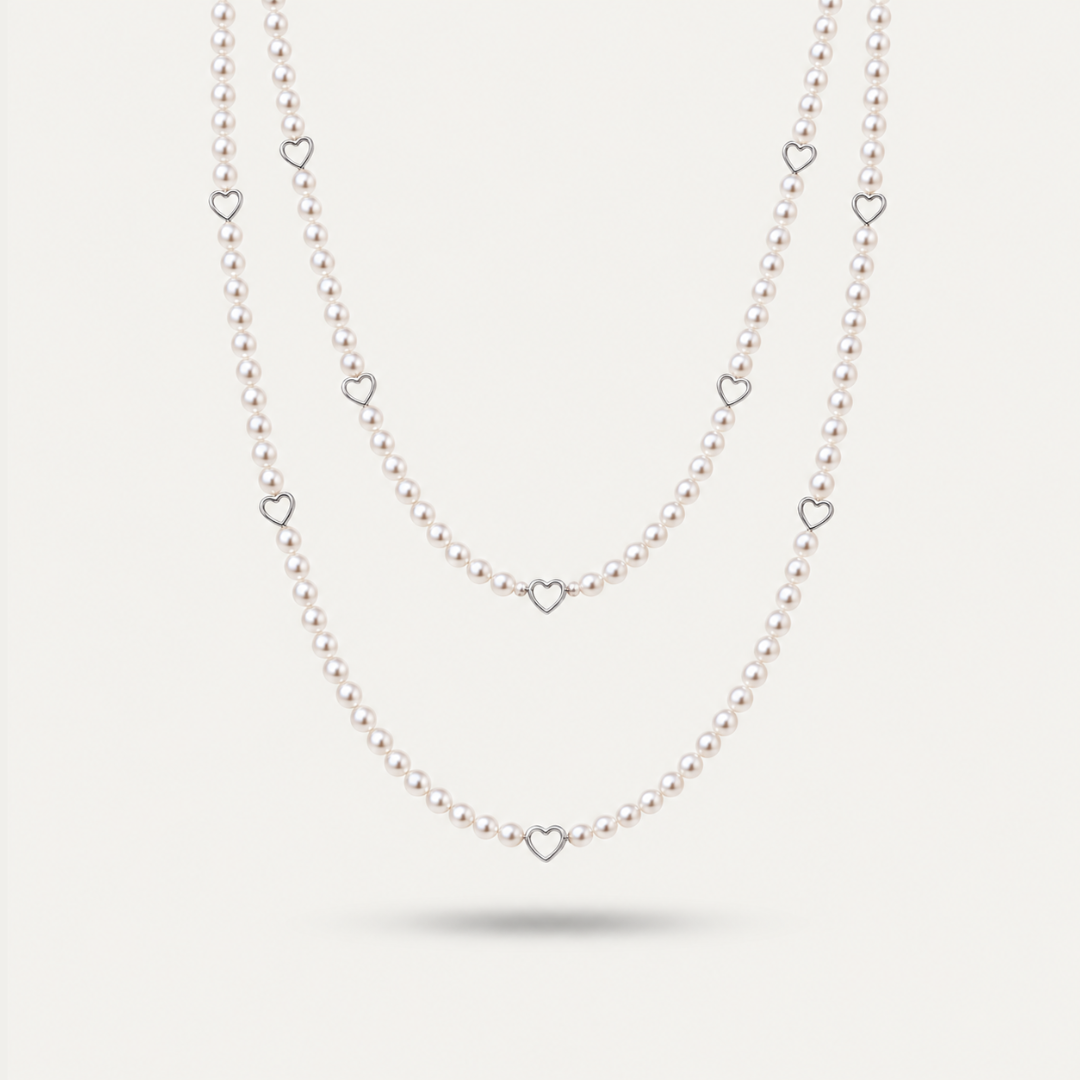 Blisse allure 925 Sterling Silver Open-Heart Pearl Beaded Long Necklace