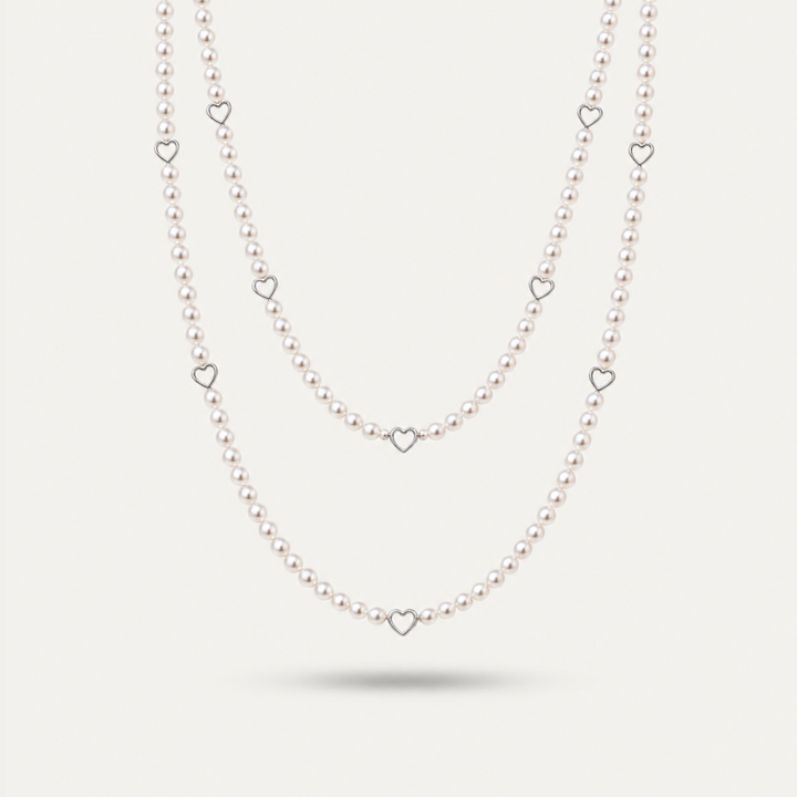 Blisse allure 925 Sterling Silver Open-Heart Pearl Beaded Long Necklace