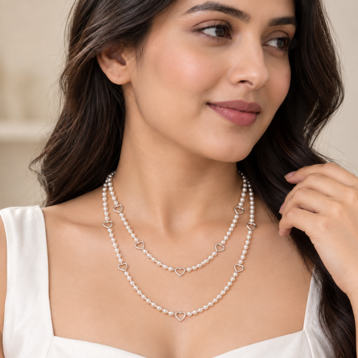 Blisse allure 925 Sterling Silver Open-Heart Pearl Beaded Long Necklace