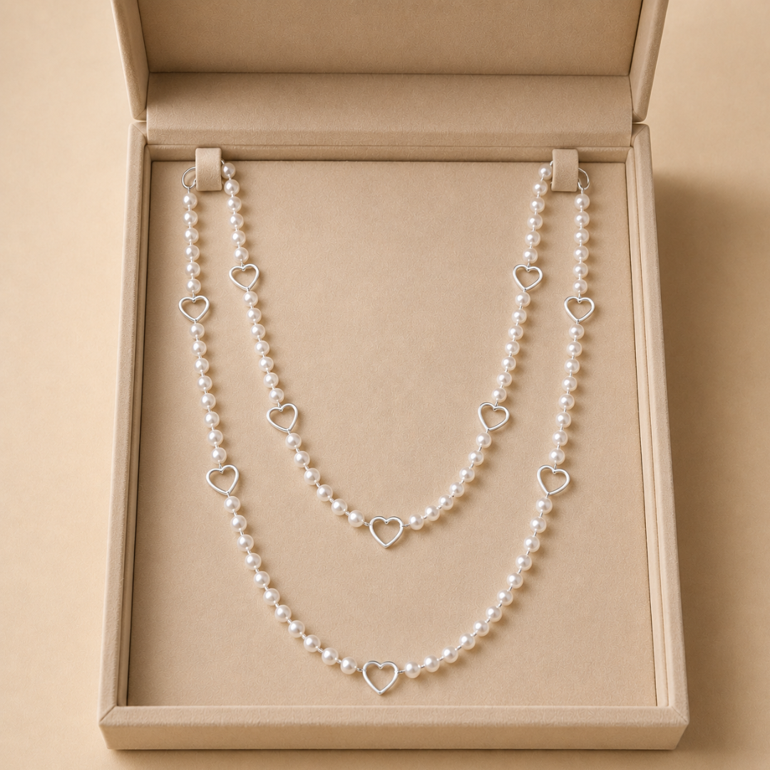 Blisse allure 925 Sterling Silver Open-Heart Pearl Beaded Long Necklace