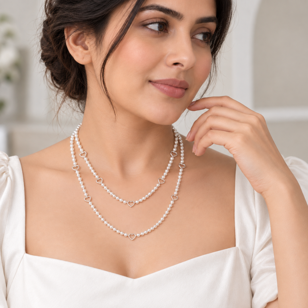 Blisse allure 925 Sterling Silver Open-Heart Pearl Beaded Long Necklace