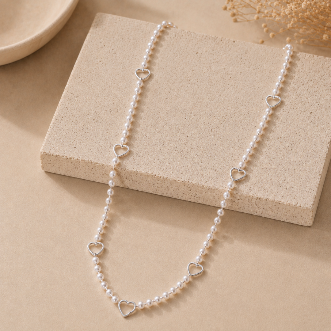 Blisse allure 925 Sterling Silver Open-Heart Pearl Beaded Long Necklace