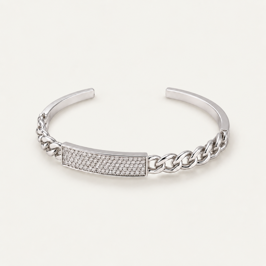 Blisseallure 925 Sterling Sparkling CZ Curved Bar & Chain Accent Silver Bangle