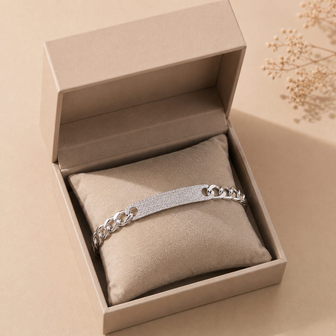 Blisseallure 925 Sterling Sparkling CZ Curved Bar & Chain Accent Silver Bangle