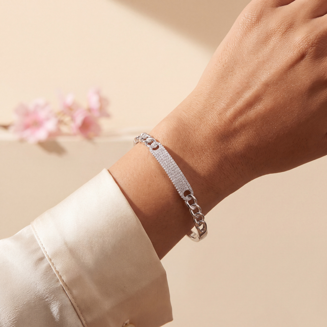 Blisseallure 925 Sterling Sparkling CZ Curved Bar & Chain Accent Silver Bangle