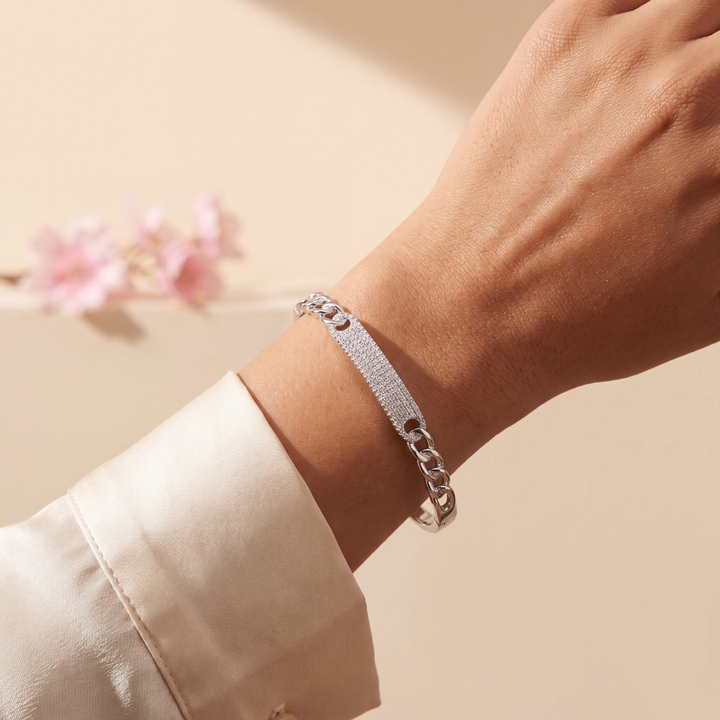 Blisseallure 925 Sterling Sparkling CZ Curved Bar & Chain Accent Silver Bangle