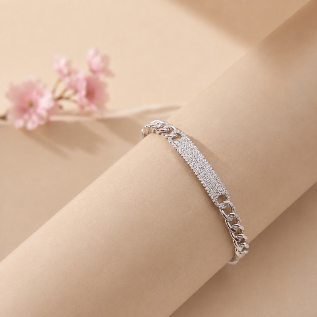 Blisseallure 925 Sterling Sparkling CZ Curved Bar & Chain Accent Silver Bangle