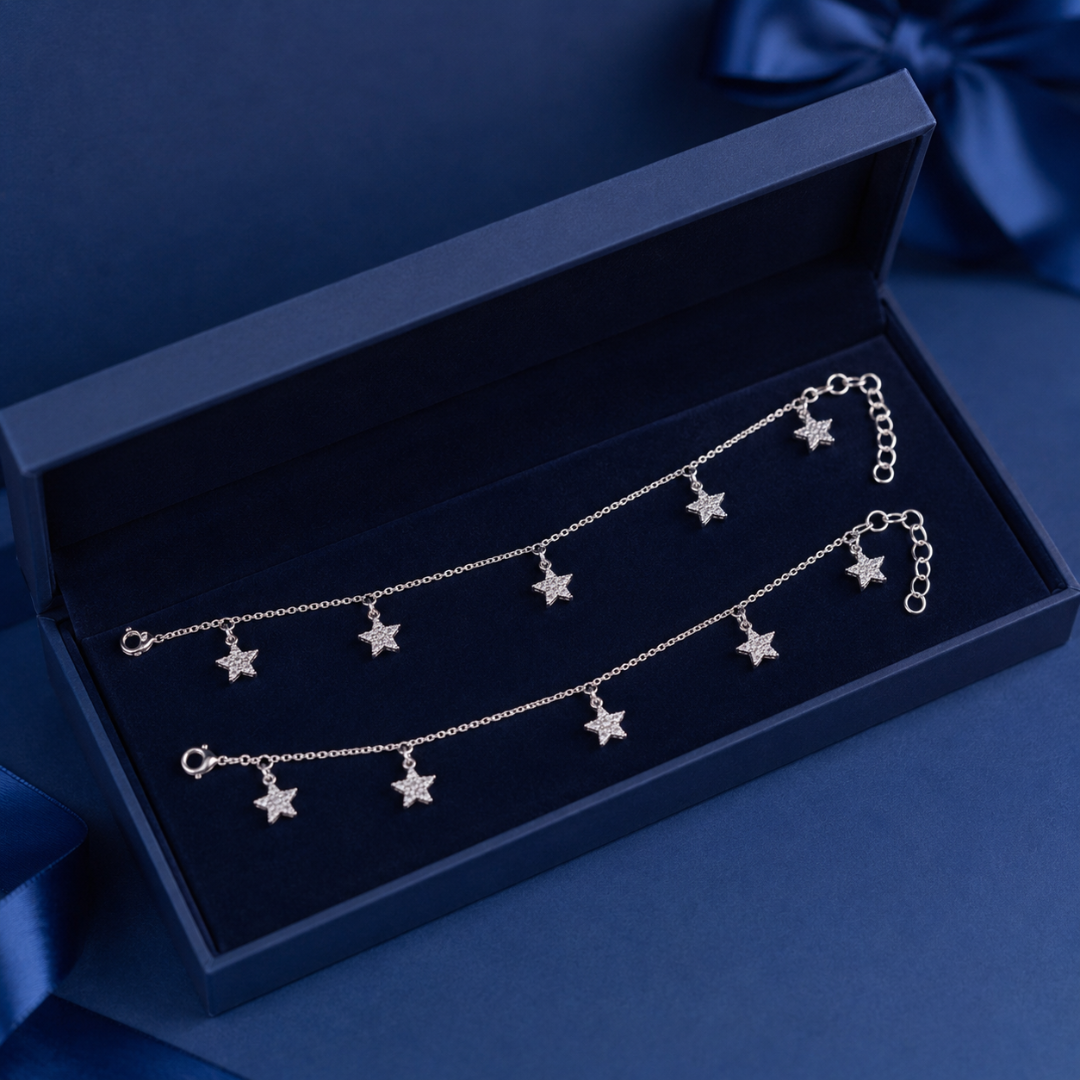 Blisse Allure "Celestial Chimes" 925 Silver Star Dangle Anklets