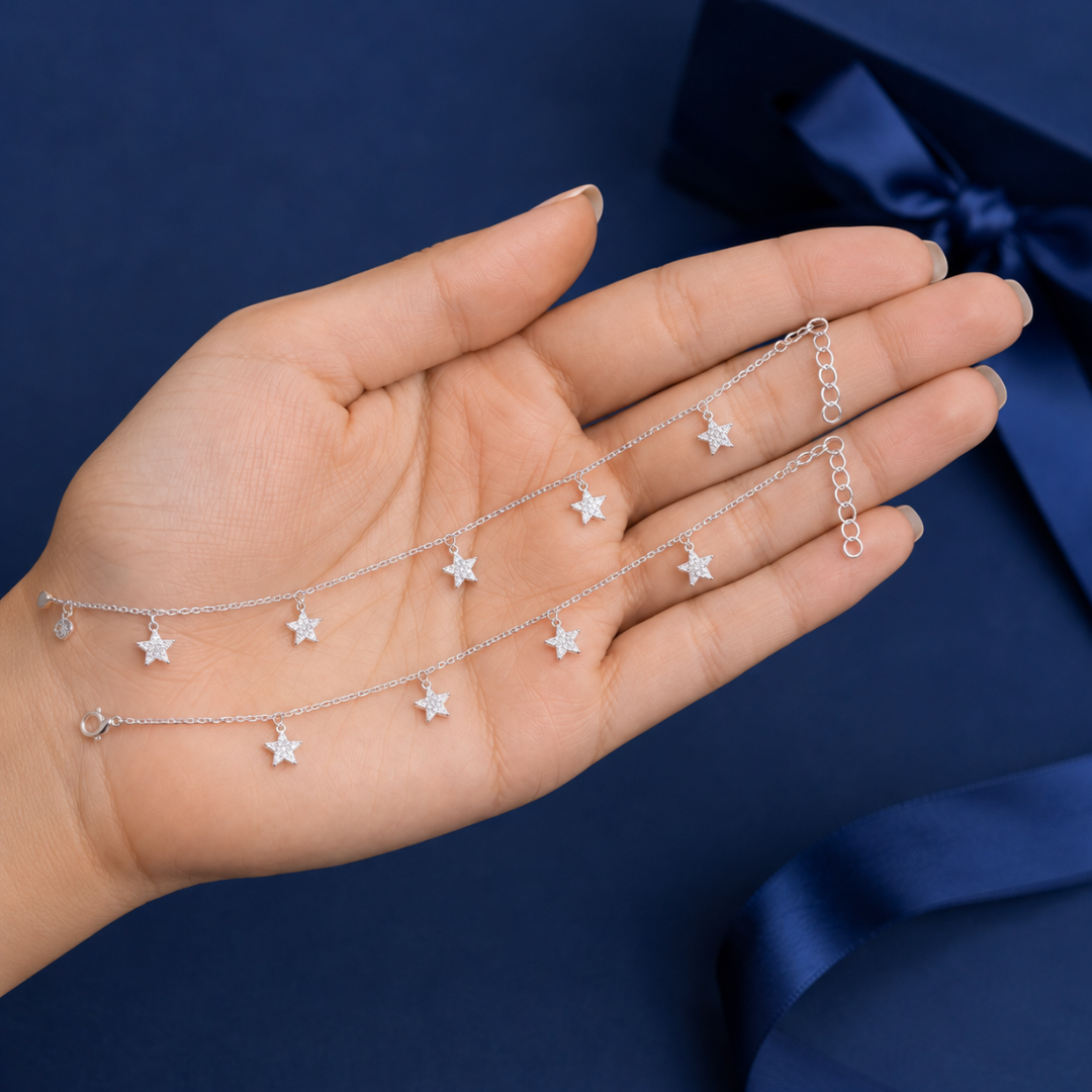 Blisse Allure "Celestial Chimes" 925 Silver Star Dangle Anklets