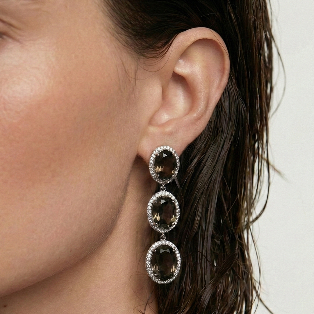 Semi precious Smoky Quartz And White Cz drop earrings