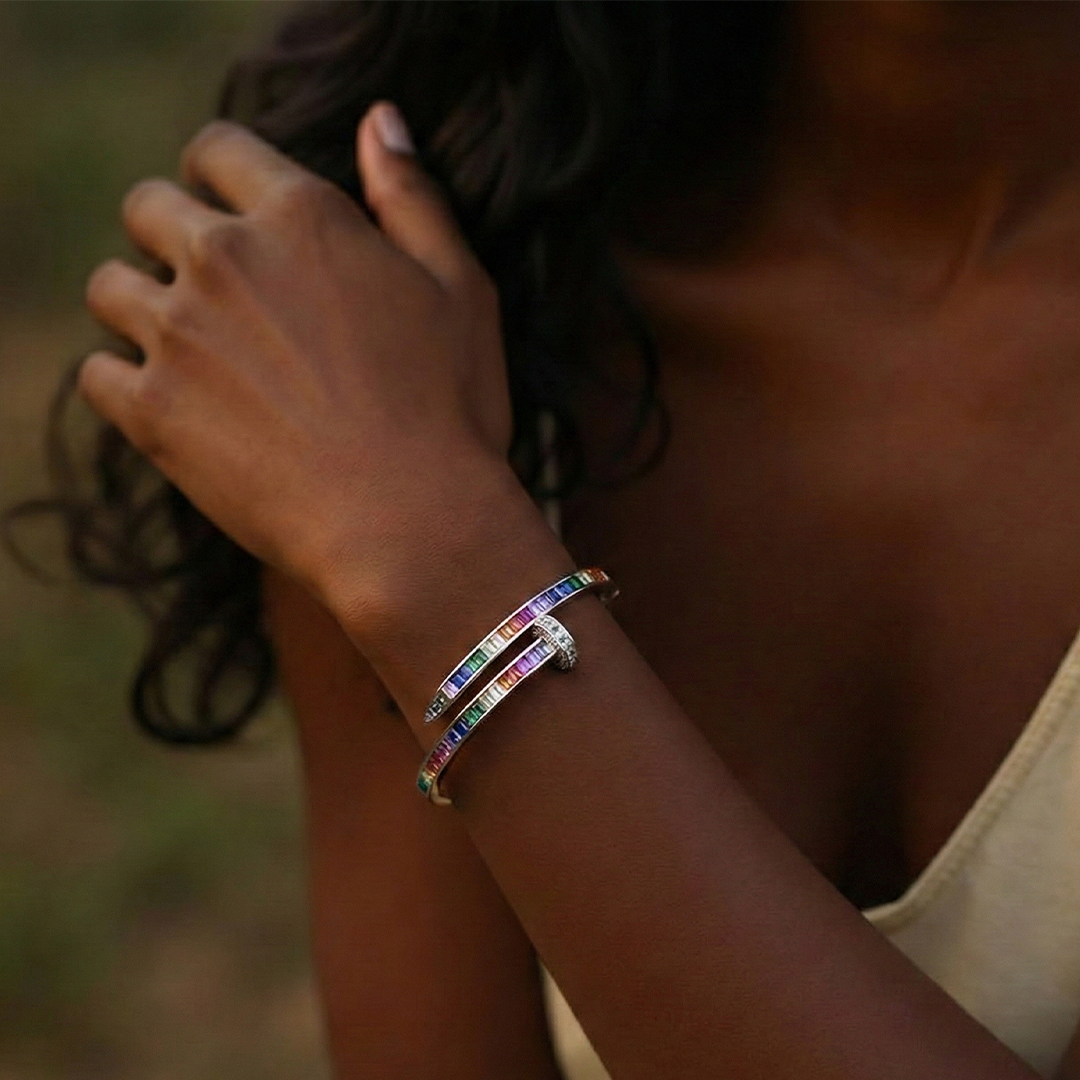 Blisse Allure Sterling Silver Rainbow Overlap Baguette cubic zirconia Bangle