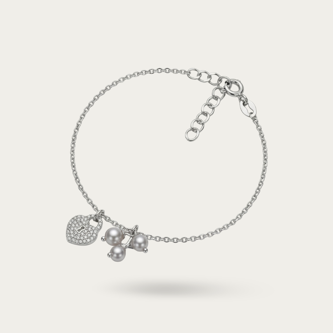 Blisse Allure Sterling Silver Bracelet with Heart shaped Charm and Pearl drops