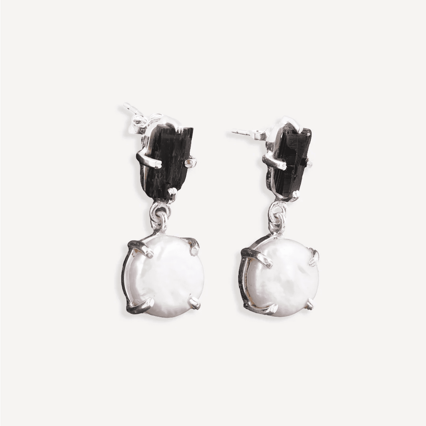 Black Tourmaline and Mother of Pearl 925 Sterling Silver Earrings