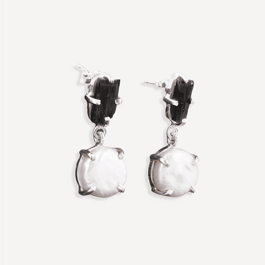 Black Tourmaline and Mother of Pearl 925 Sterling Silver Earrings
