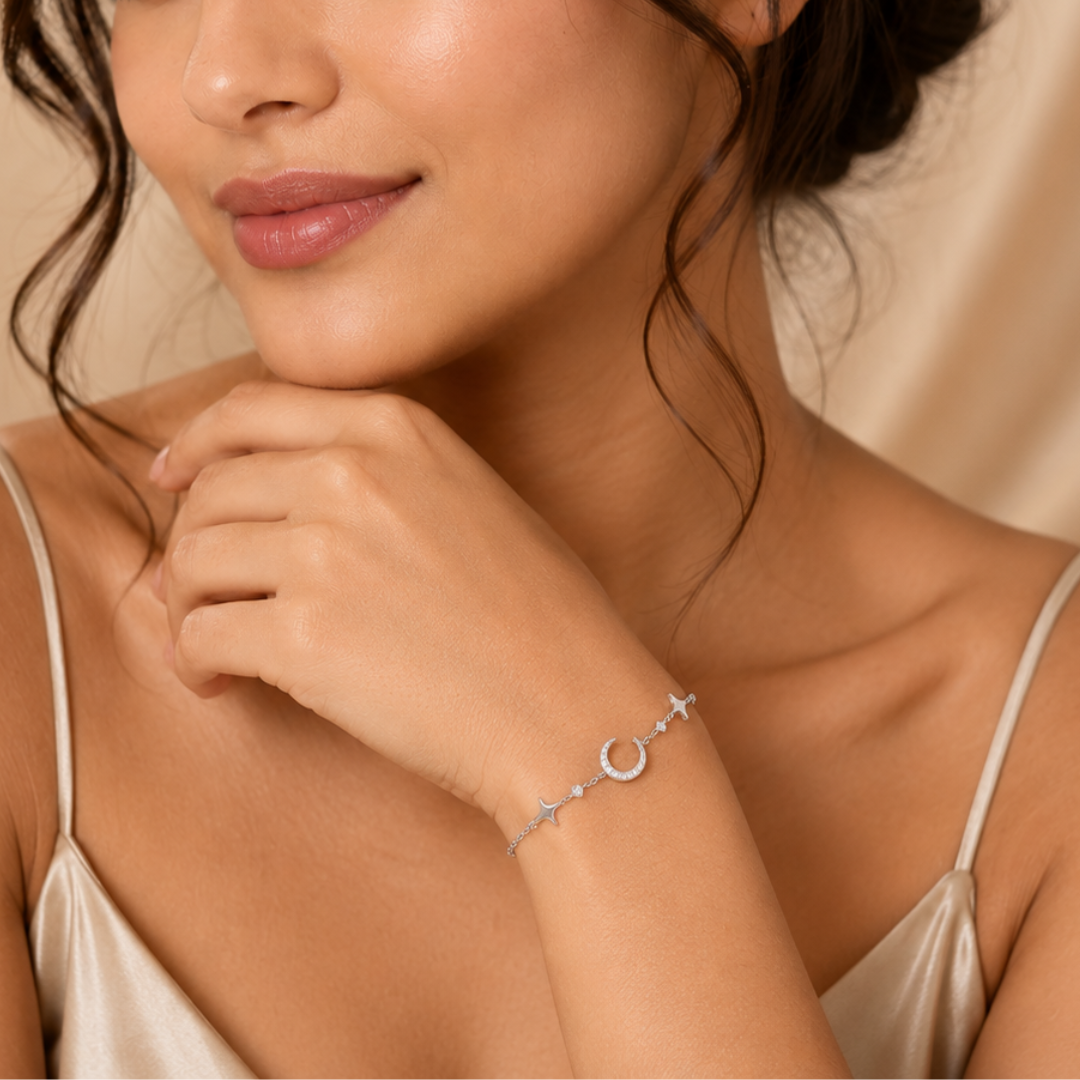 Blisse allure 925 Sterling Silver Celestial Crescent Moon and Star Station Bracelet