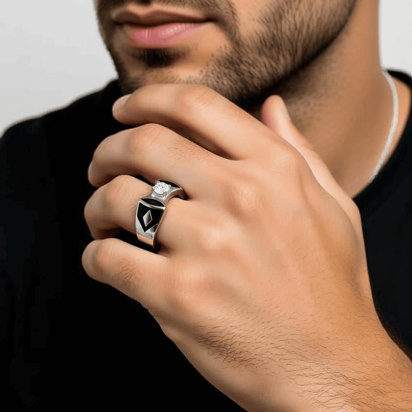 Ring with Black Enamel and Center Diamond Accent For Men - Blisseallure.in