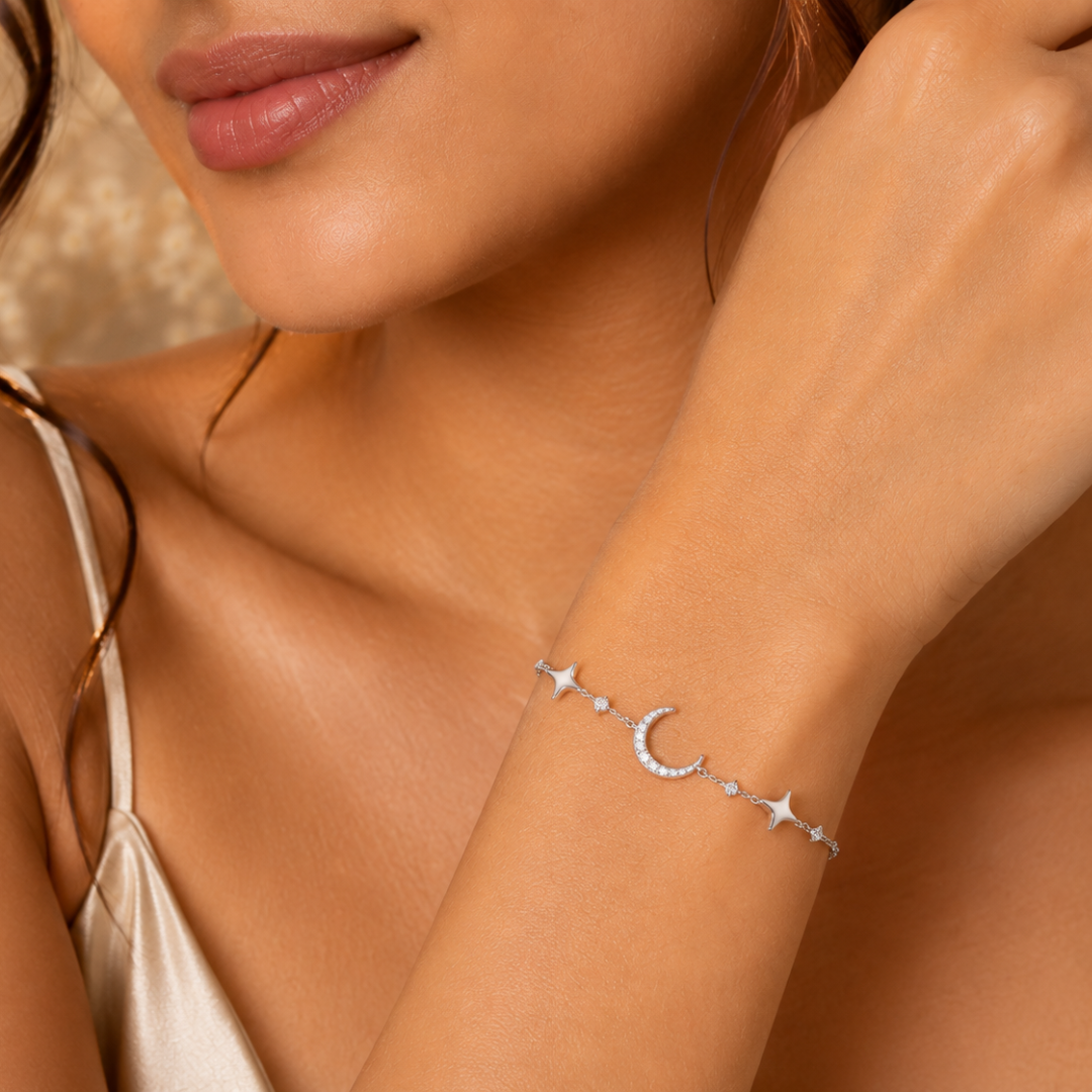 Blisse allure 925 Sterling Silver Celestial Crescent Moon and Star Station Bracelet