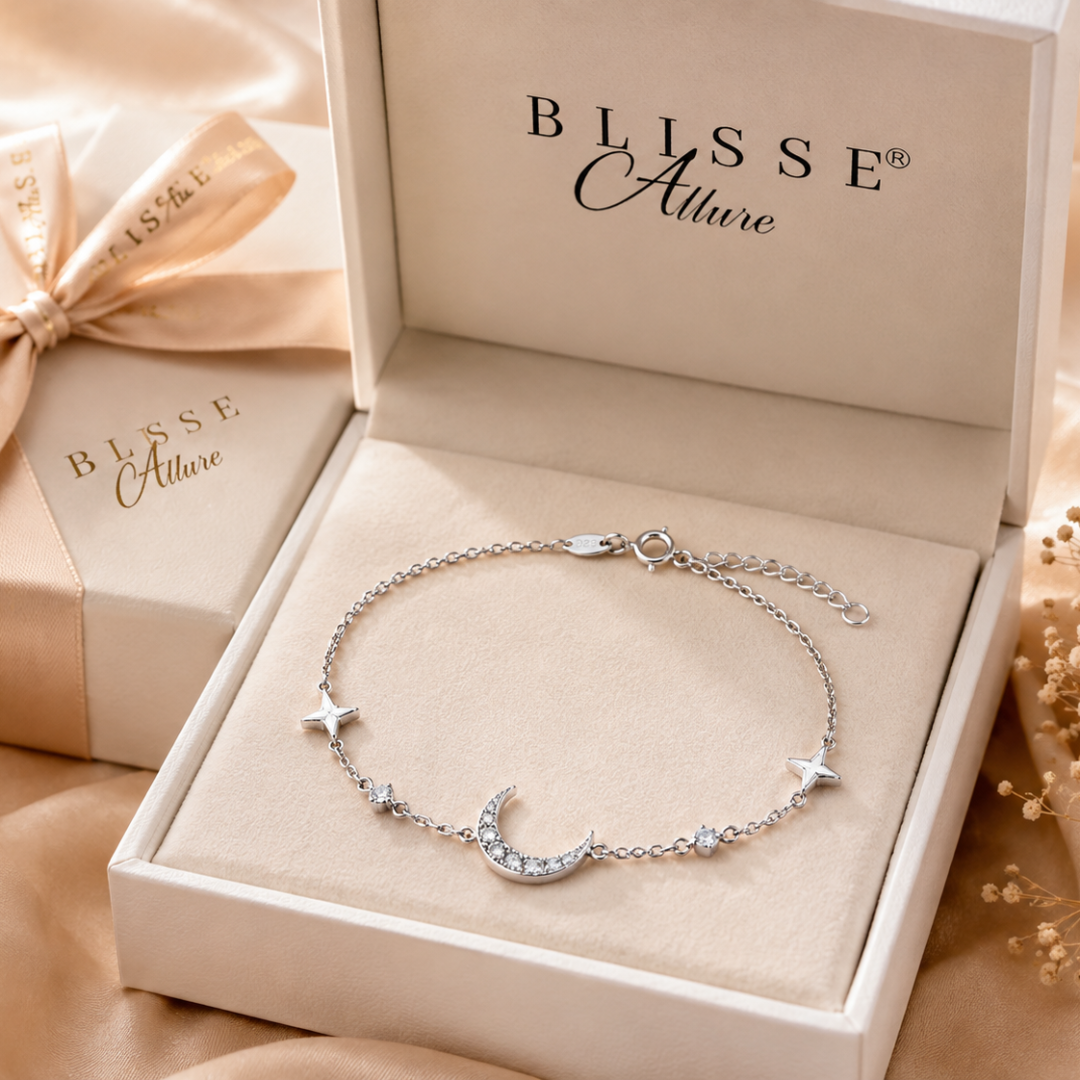 Blisse allure 925 Sterling Silver Celestial Crescent Moon and Star Station Bracelet