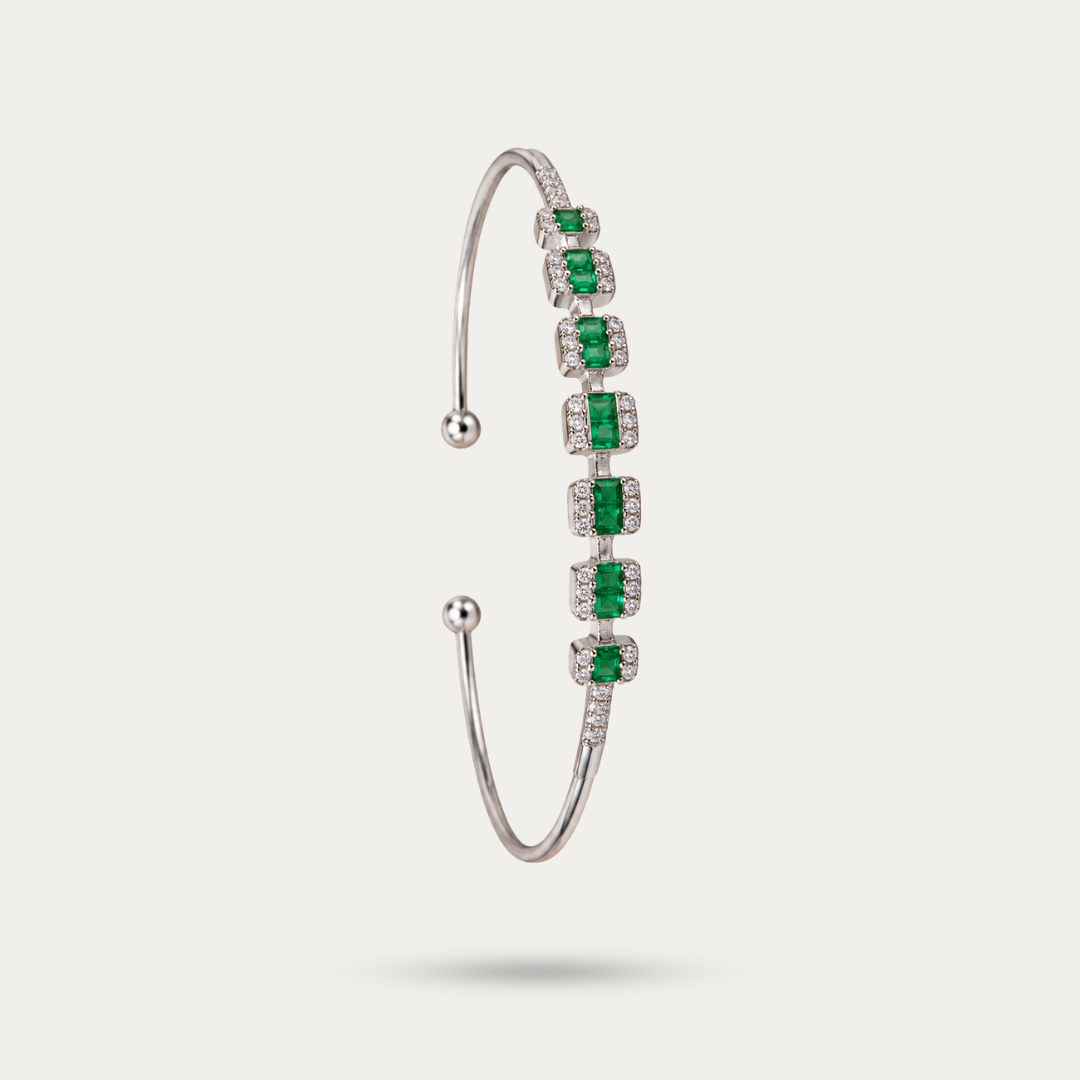 925 Sterling Silver Green Emerald CZ Station Open Cuff Bangle
