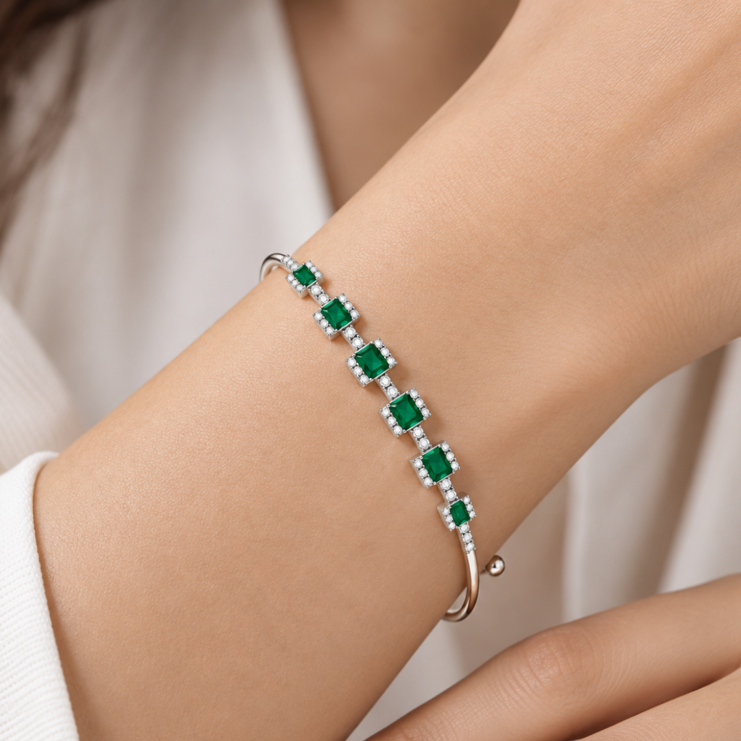 925 Sterling Silver Green Emerald CZ Station Open Cuff Bangle