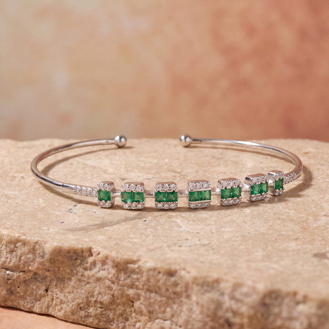 925 Sterling Silver Green Emerald CZ Station Open Cuff Bangle