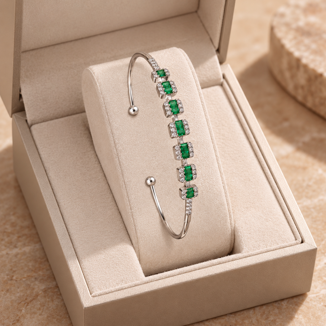 925 Sterling Silver Green Emerald CZ Station Open Cuff Bangle