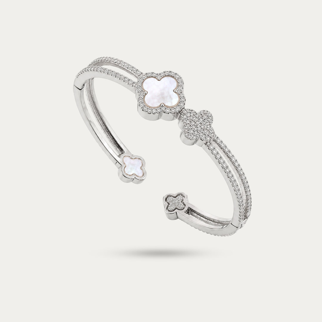 Blisse allure 925 Sterling Silver Mother of Pearl Clover Open Cuff Bangle