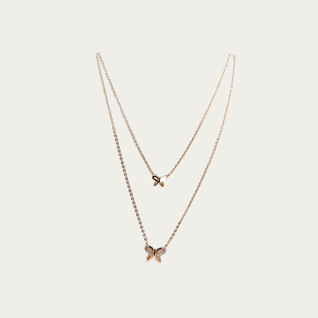 Butterfly shaped rose gold with white cz layered necklace