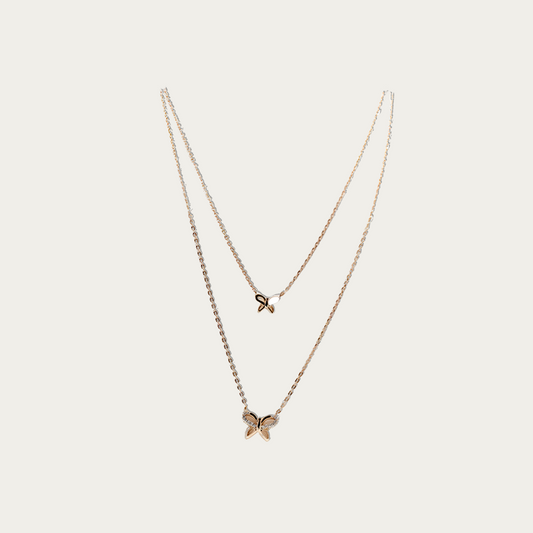 Butterfly shaped rose gold with white cz layered necklace