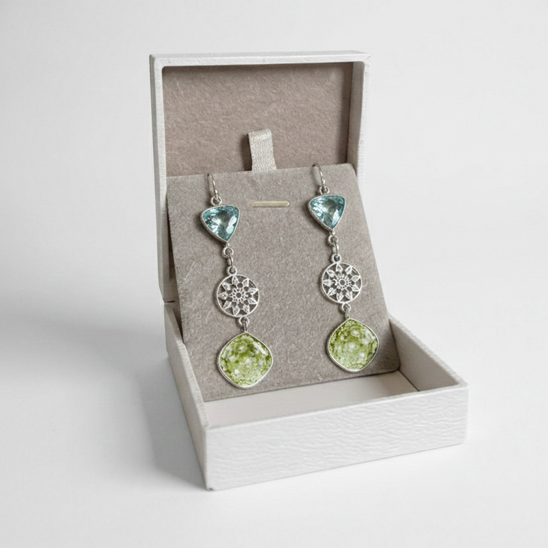 Lemon quartz and sky blue topaz with French hook silver earrings