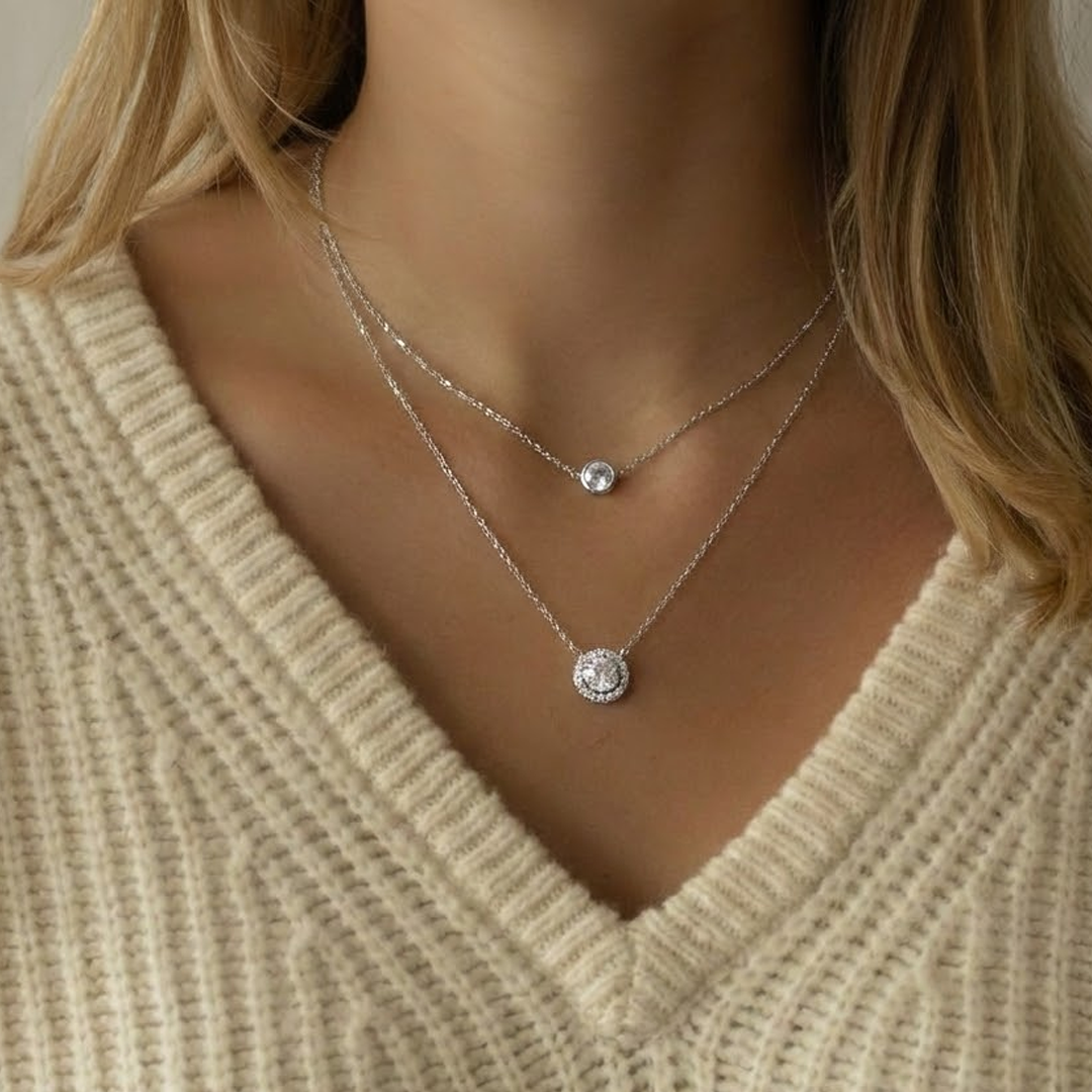 Modern and trendy double layered silver chain with white cz drop pendant