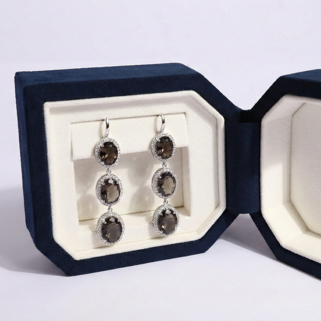 Semi precious Smoky Quartz And White Cz drop earrings